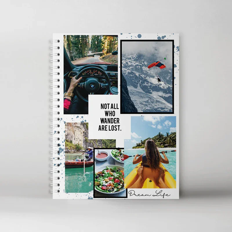 Vision board featuring inspiring imagery of travel, adventure, and nature, with the quote "Not all who wander are lost," reflecting team aspirations and goals for alignment and motivation in corporate culture.