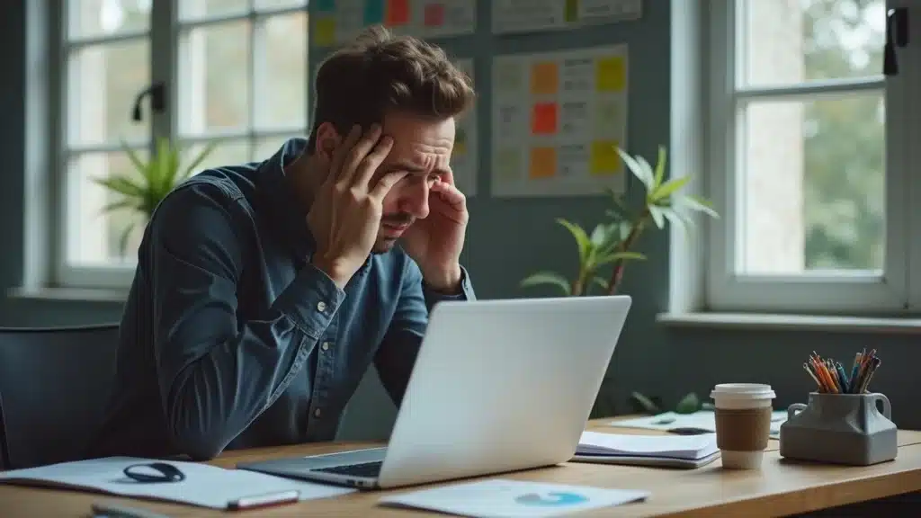 Startup founder evaluating misleading growth metrics and graphs, looking frustrated with traction signals—vanity metrics vs. valuable KPIs.