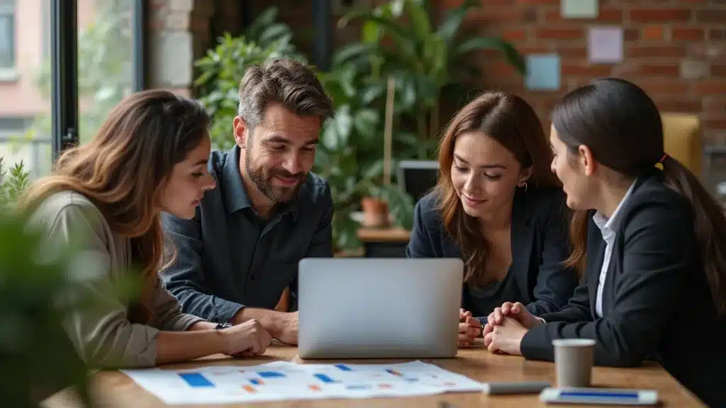 Startup team practicing founder best practices by collaborating around a laptop and strategic roadmap