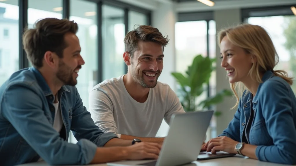 Energetic young tech founders in a modern Orange County workspace focused on email inbox delivery success, collaborating in a sleek coworking space, sunlight streaming in through glass walls