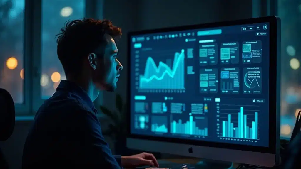 Entrepreneur analyzing product market fit signals on a digital analytics dashboard for precise strategic scaling decisions