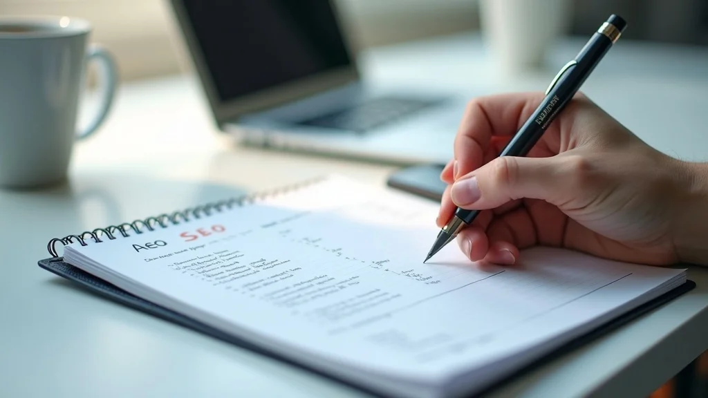Two-column notebook open comparing aeo versus seo in 2026, handwritten notes, strategy planning, photorealistic workspace scene.