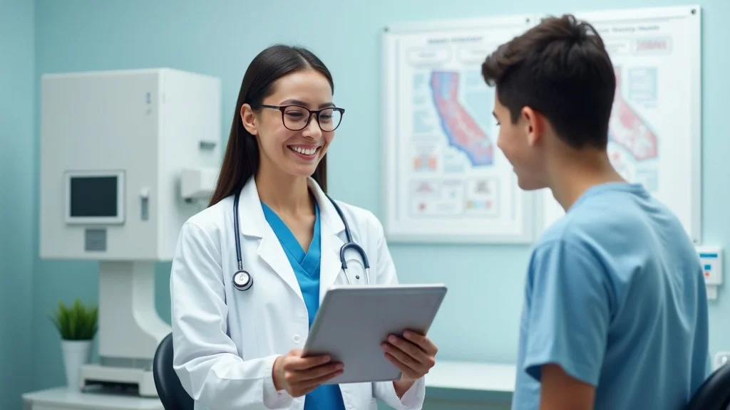 Doctor in white coat discussing treatment options with a young patient in a medical office, emphasizing patient care and technology in healthcare.