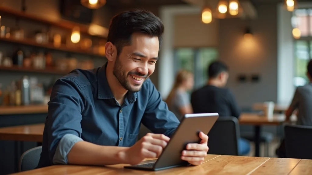 Startup founder checking brand mentions and ai citations for aeo versus seo in 2026, tablet, photorealistic cafe workspace.