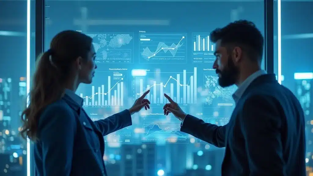 Diverse founders analyzing growth metrics for product market fit using digital dashboards