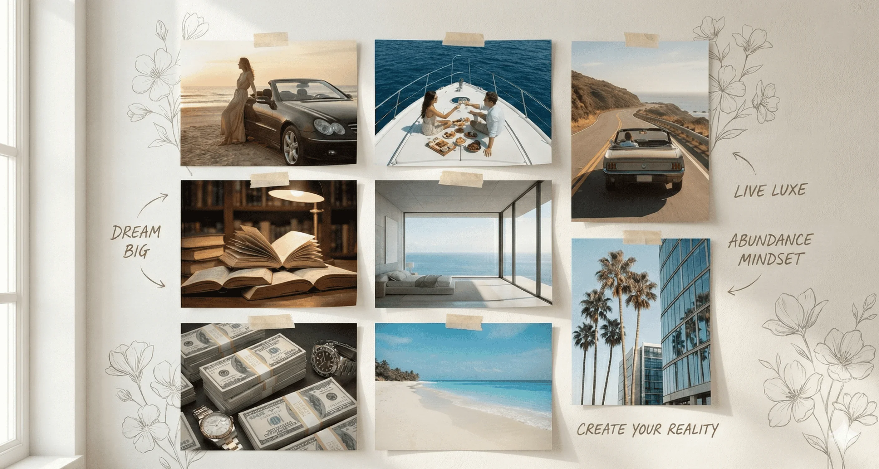 Vision board collage featuring aspirational images like a luxury car, a couple dining on a boat, open books, stacks of cash, and serene beach scenes, with motivational phrases like "Dream Big," "Live Luxe," and "Create Your Reality."