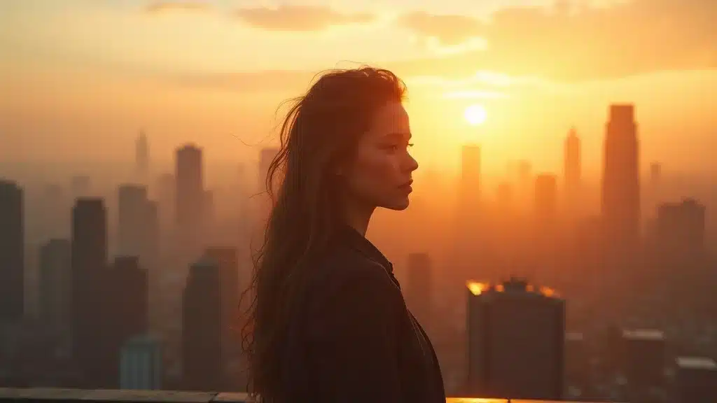 Determined founder in cityscape practicing founder best practices and resilience at sunrise