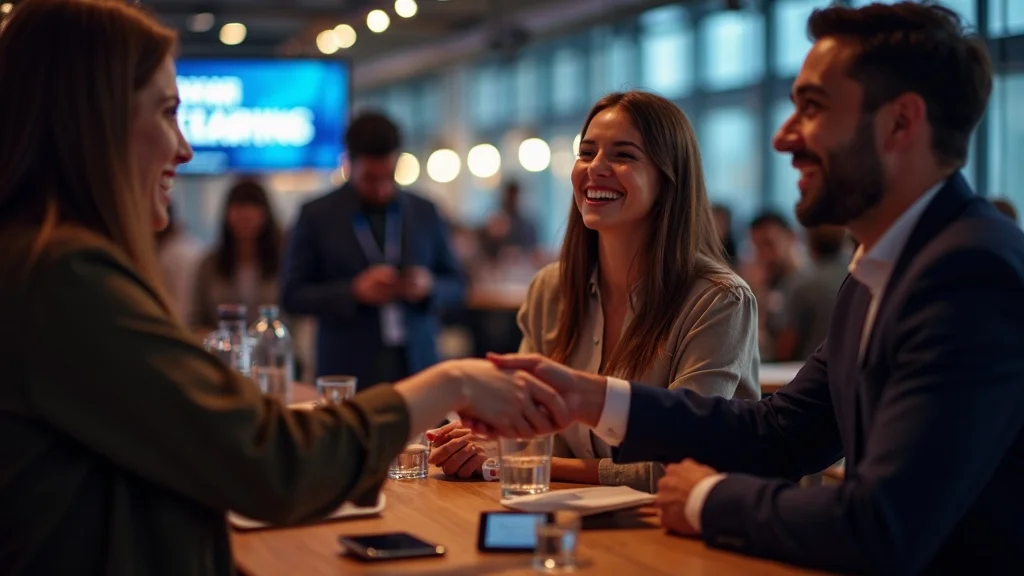 Modern tech startup networking event in Orange County with founders shaking hands, exchanging business cards, and digital banners in the background