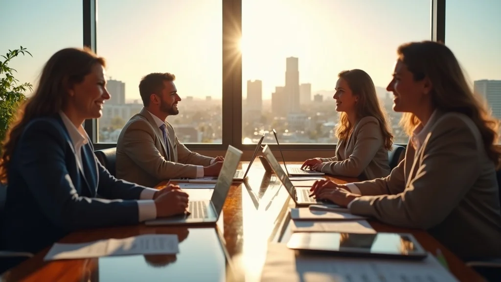 Business professionals in a modern office setting, engaged in discussion and collaboration, with laptops and documents on a conference table, overlooking a city skyline at sunset, symbolizing leadership and innovation in Orange County's digital marketing landscape.