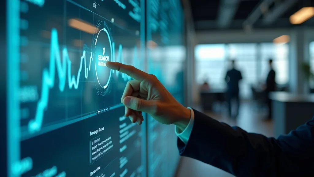 Hand interacting with a digital screen displaying analytics and search data, illustrating the concept of Answer Engine Optimization (AEO) in digital marketing strategies for local businesses in Orange County.