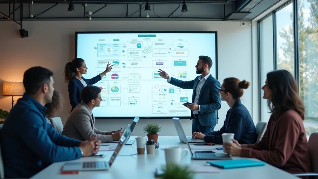 Business meeting with professionals discussing Answer Engine Optimization strategies, visual presentation on screen, focus on collaboration and digital marketing insights.