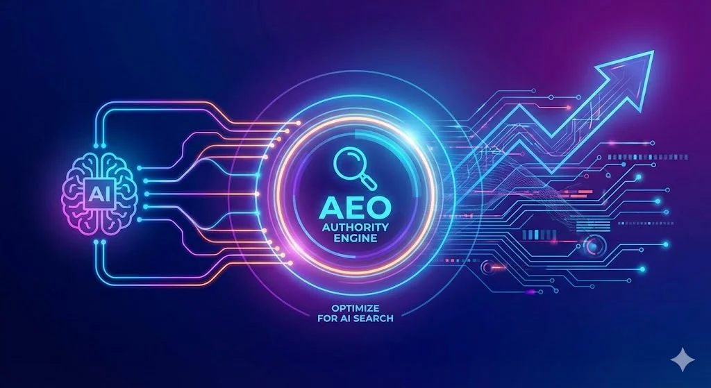 AI brain graphic with "AEO Authority Engine" text, representing Answer Engine Optimization for AI search, featuring digital circuit patterns and an upward trend arrow.