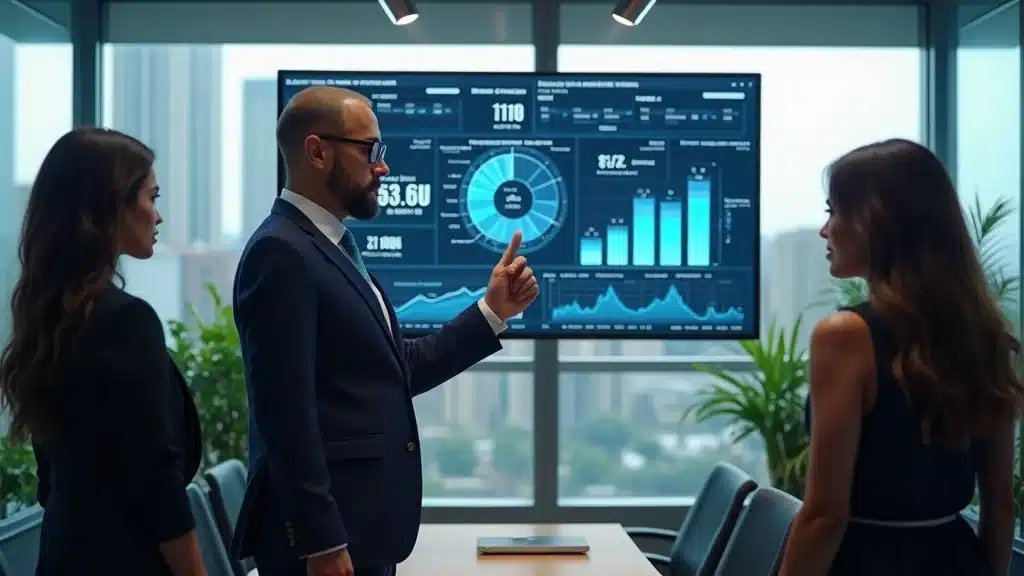 Financial analyst highlighting key startup KPIs on a dashboard with team discussion, focused on meaningful growth metrics in a glass conference room.