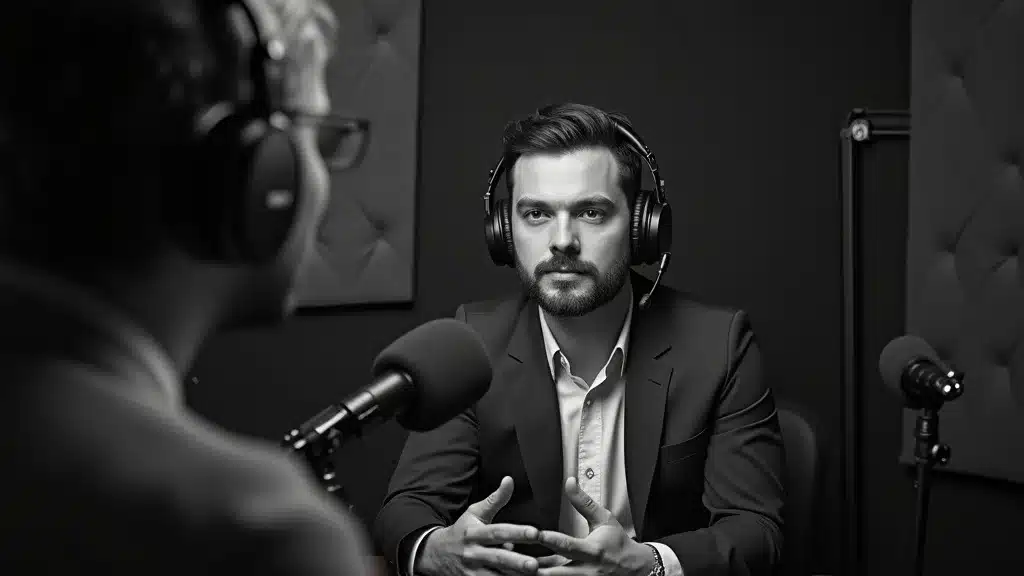 Founder leveraging media and founder best practices during a professional podcast interview