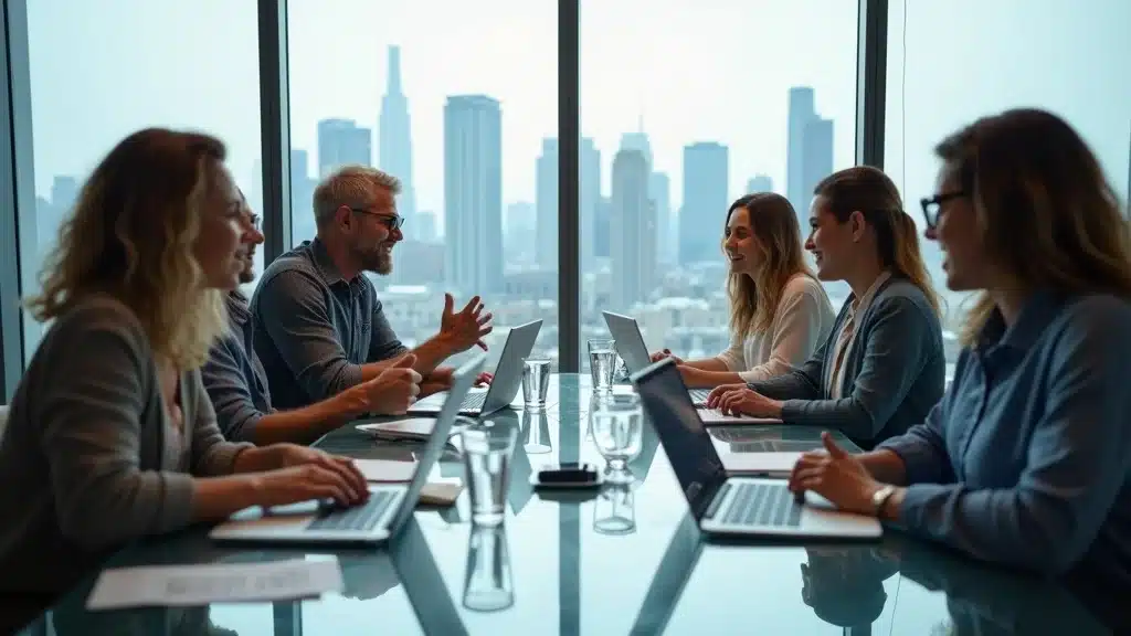 Diverse startup founders discuss founder best practices in a high-rise boardroom