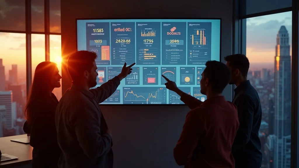 OC startup team celebrating email deliverability success by reviewing campaign metrics on a wall-mounted dashboard with positive graphs and a city skyline in the background