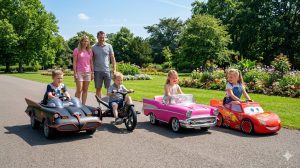 Family with children riding toy cars in a park, showcasing playful outdoor activities and trends in the toy industry.