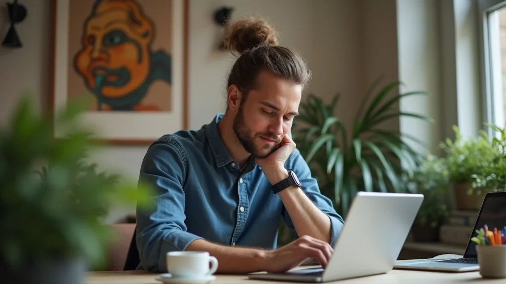 Thoughtful tech founder in Orange County reviewing email campaign deliverability results on a tablet in a modern, plant-filled workspace