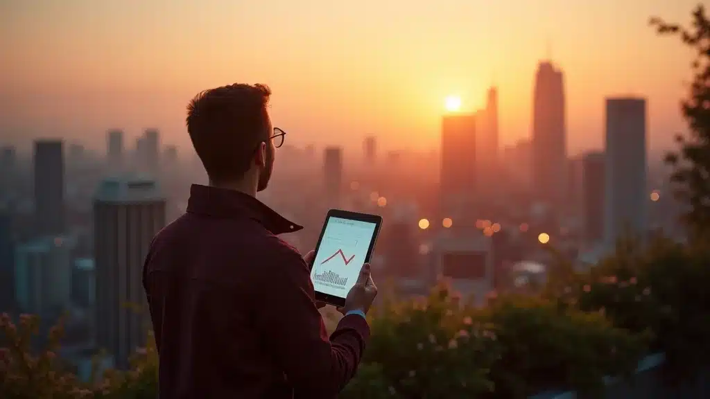 Visionary startup leader on rooftop at sunset, reviewing future growth metrics projections on a digital tablet, representing forward-looking KPIs.