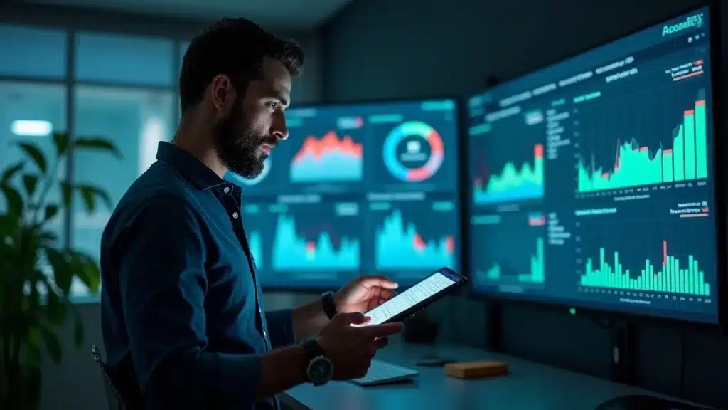 Founder reviewing customer retention metrics and product value growth indicators on a digital dashboard in a tech-enabled workspace.