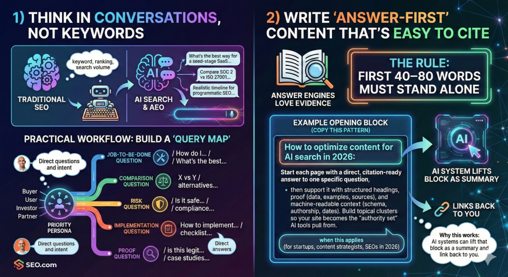 Infographic illustrating AI search optimization strategies, emphasizing conversational queries, structured content, and the importance of direct answers for effective citation by AI tools.