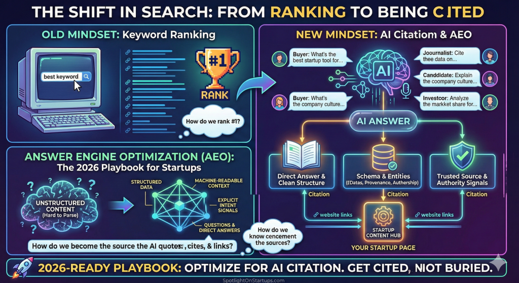 Infographic illustrating the shift from traditional keyword ranking to Answer Engine Optimization (AEO) for startups, highlighting AI citation, structured data, and direct answers for enhanced search visibility.