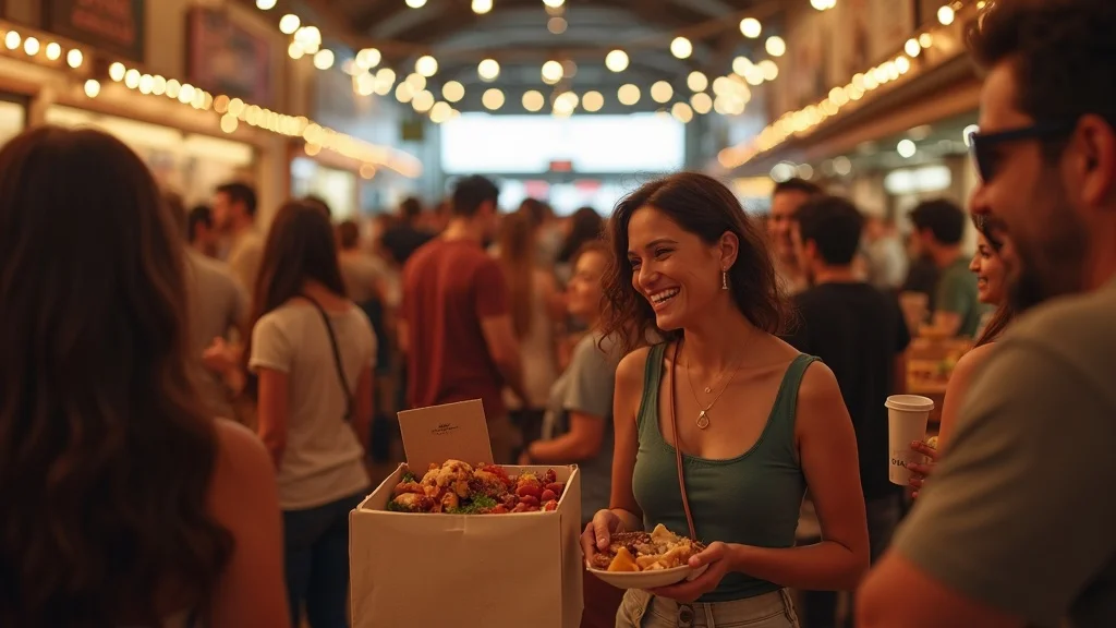 Woman smiling and holding a plate of food in a bustling market setting, with warm lighting and crowds, highlighting local dining experiences in Anaheim.