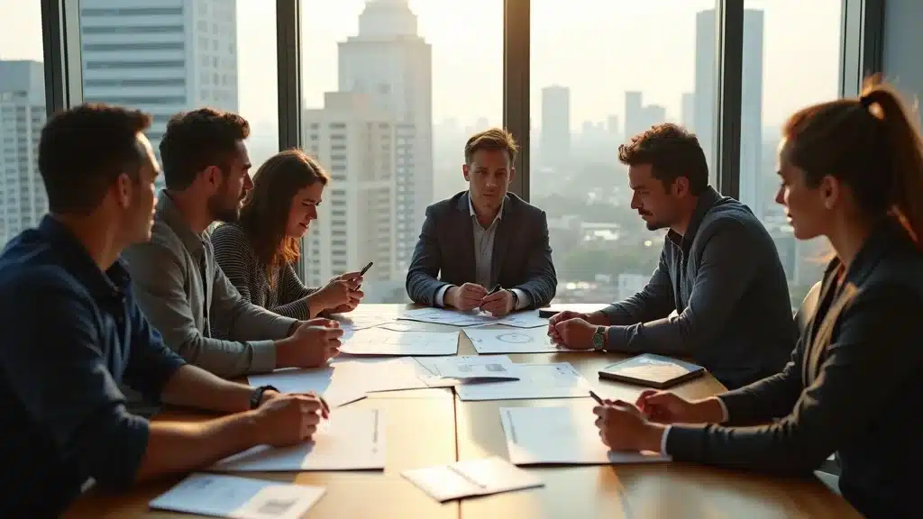 Startup team deep in a product market fit pivot discussion, analyzing validation scenarios