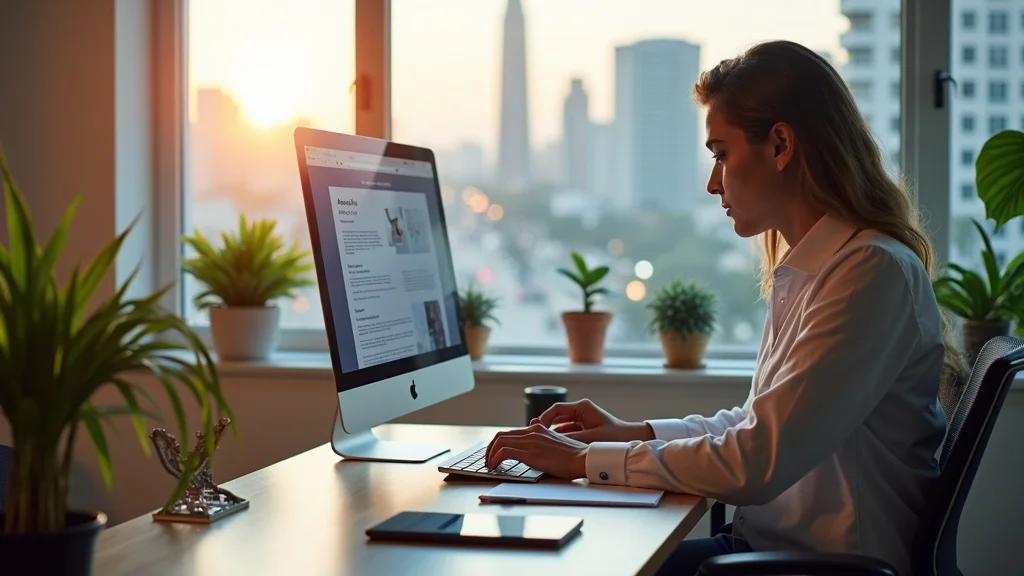 Woman working on a desktop computer in a bright office setting, focusing on digital marketing strategies for Answer Engine Optimization in Orange County, with plants and a city skyline visible through the window.