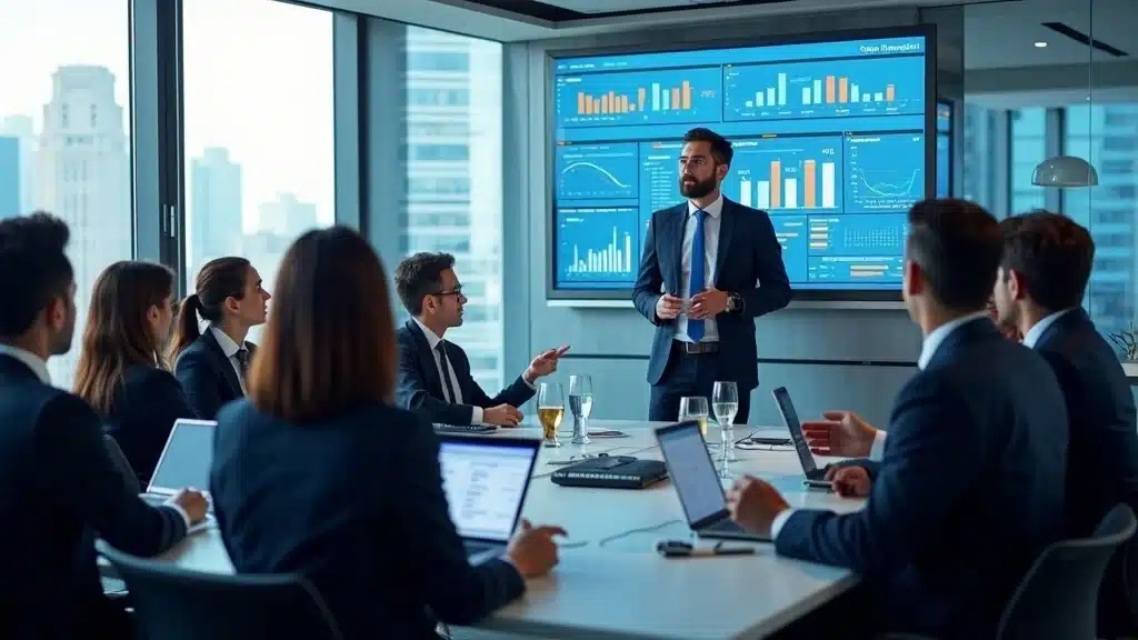 Startup growth metrics discussion in modern high-rise boardroom: founders and investors analyzing digital dashboards featuring financial charts and KPIs.