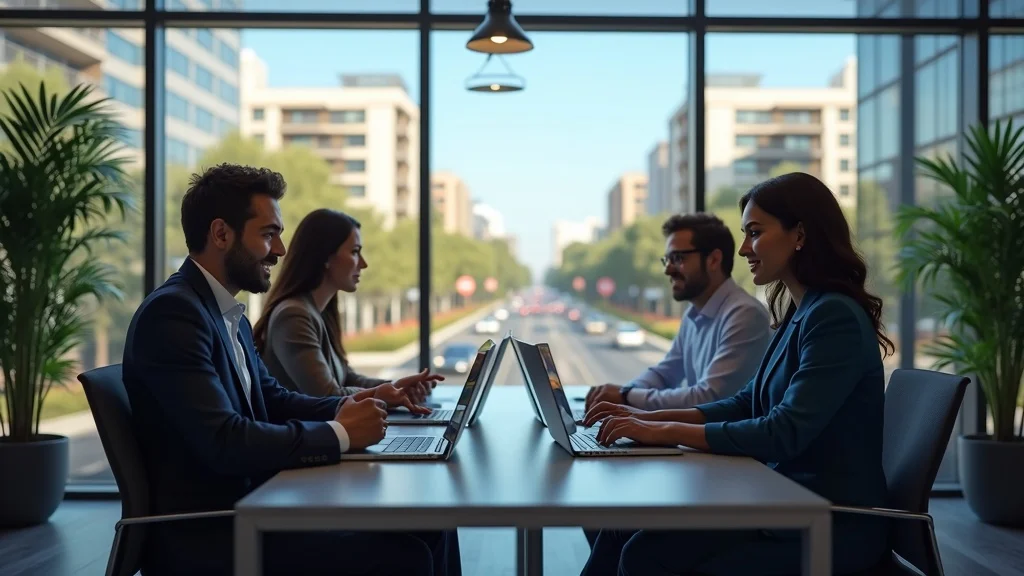 Business professionals collaborating in a modern office setting, discussing digital marketing strategies and answer engine optimization, with a view of a city street through large windows.