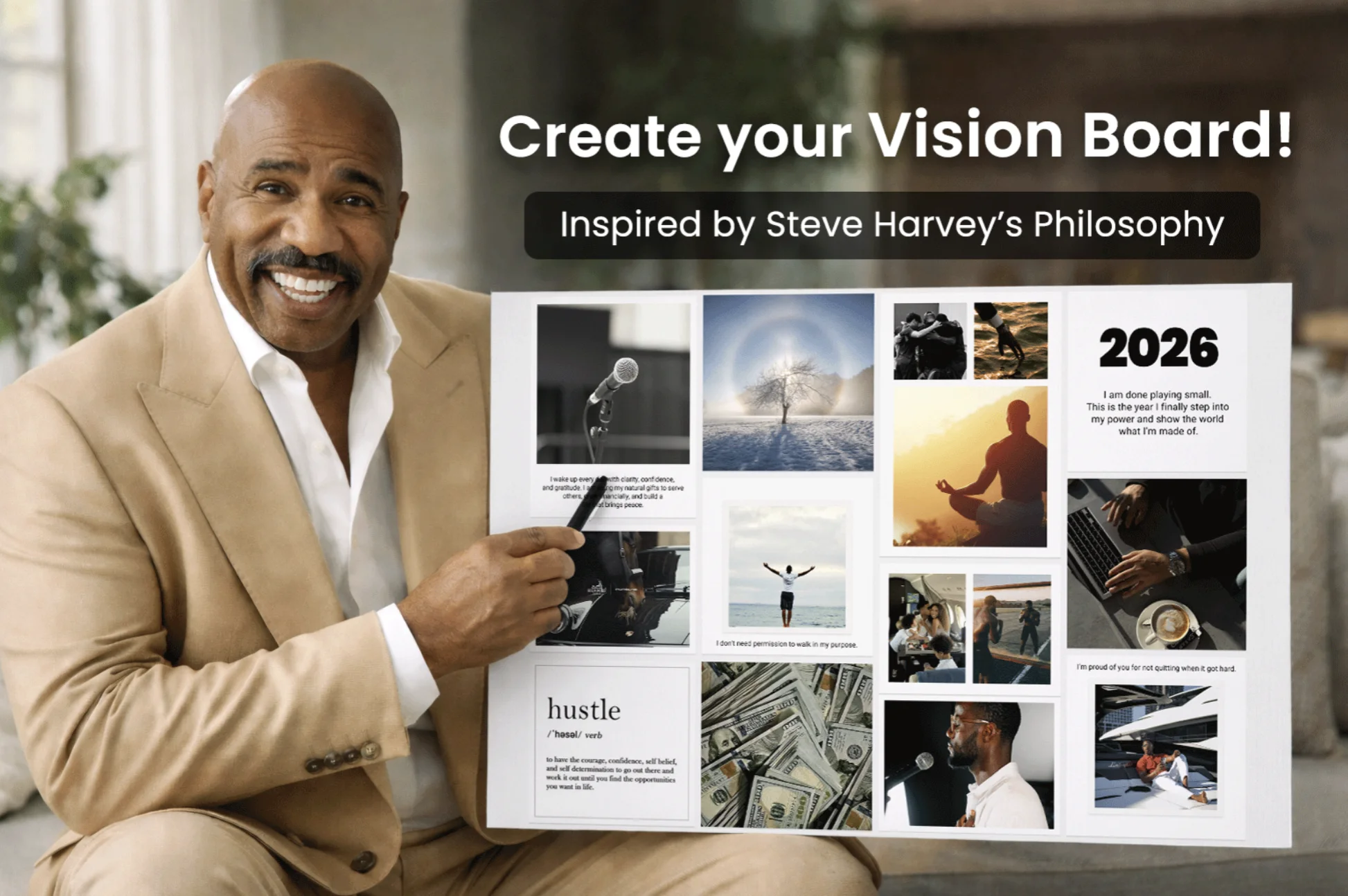 Steve Harvey promoting vision board creation, showcasing a collage of motivational images and text, emphasizing personal growth and goal setting for 2026.