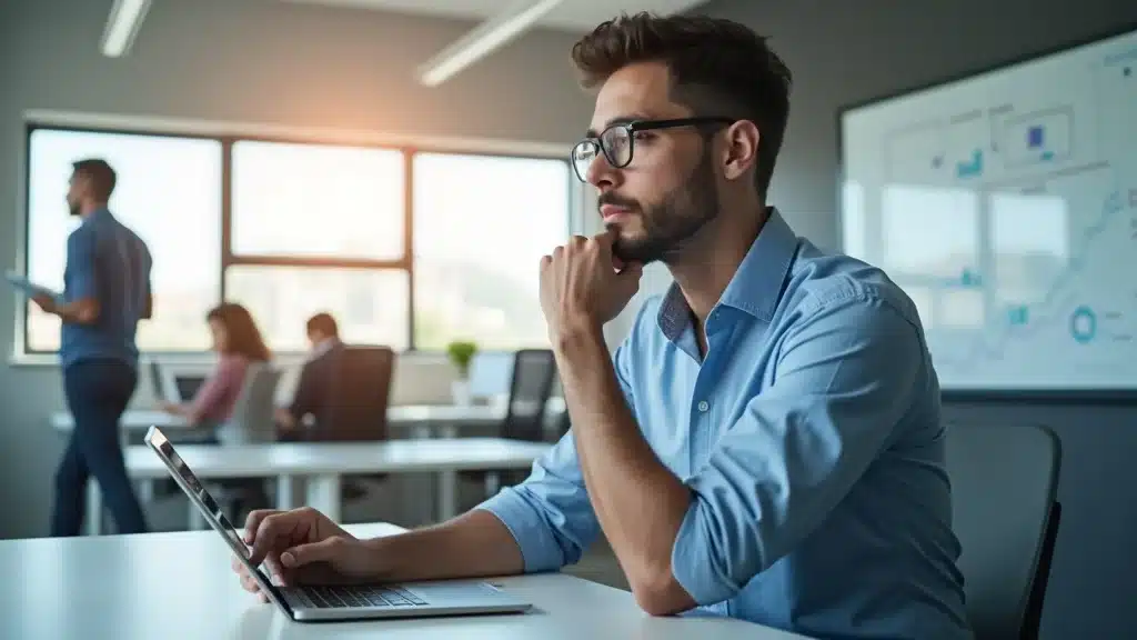Confident startup founder reviewing data in a modern workspace, exemplifying founder best practices