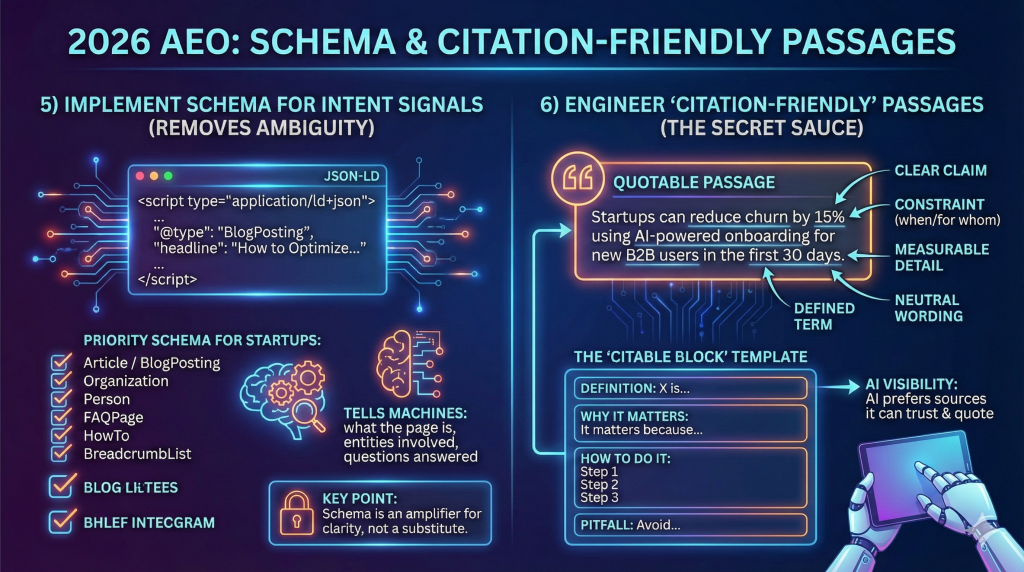 2026 AEO schema implementation for intent signals, citation-friendly passages, JSON-LD example, and key strategies for startups to enhance AI visibility and content clarity.
