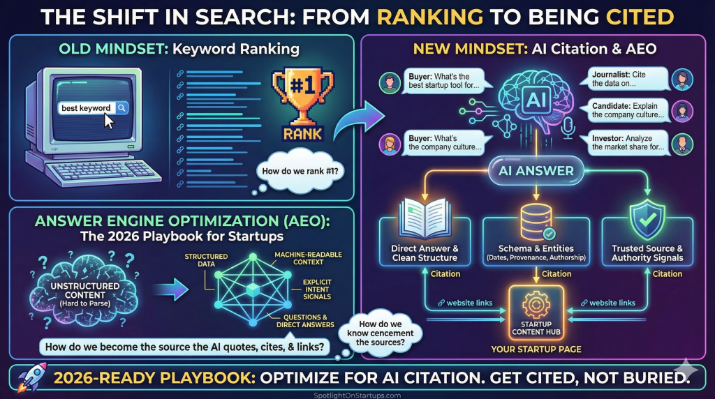 Shift in search from keyword ranking to AI citation and Answer Engine Optimization (AEO) for startups, featuring a visual comparison of old and new mindsets, emphasizing structured data, direct answers, and citation strategies.