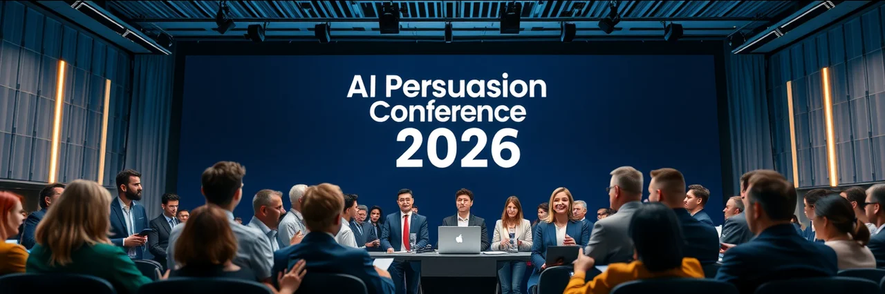 Professionals networking at AI Persuasion Conference 2026 in modern auditorium.