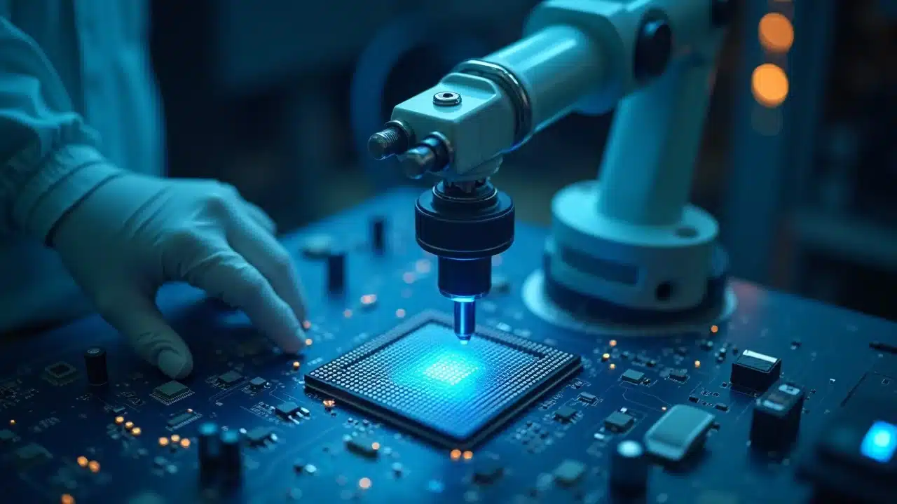 High-tech inspection of AI chip by engineer and robotic arm in semiconductor lab