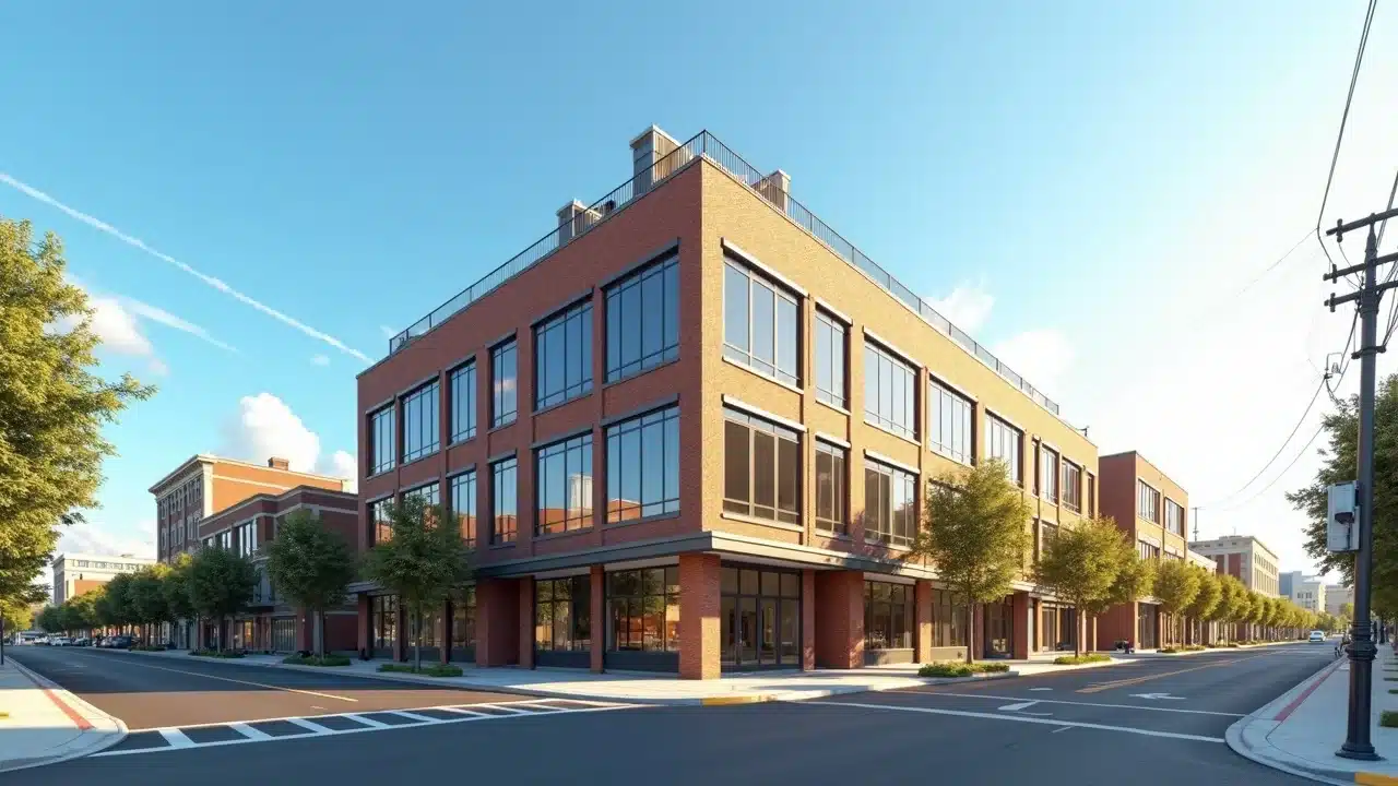 Modern commercial building in Staunton, Virginia, featuring large windows, brick facade, and surrounding trees, emphasizing the need for effective HVAC systems in hot, humid summers.