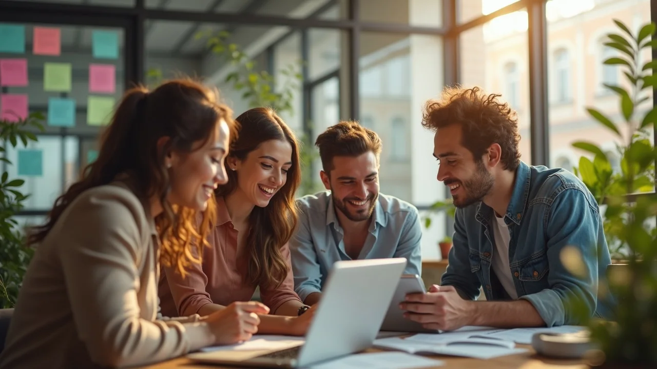 Diverse startup founders collaborating and analyzing AI search visibility results on digital devices, representing practical auditing in the future of AI search