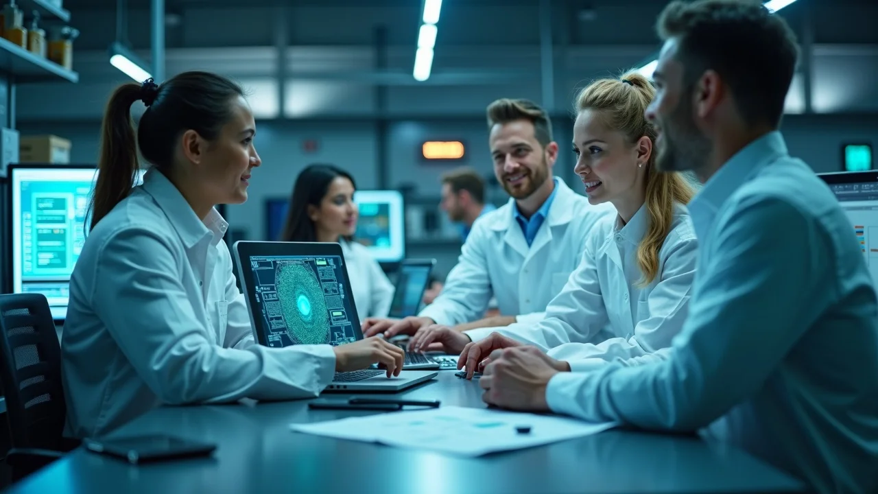 Modern electronics quality control lab with engineers discussing AI automated optical inspection results