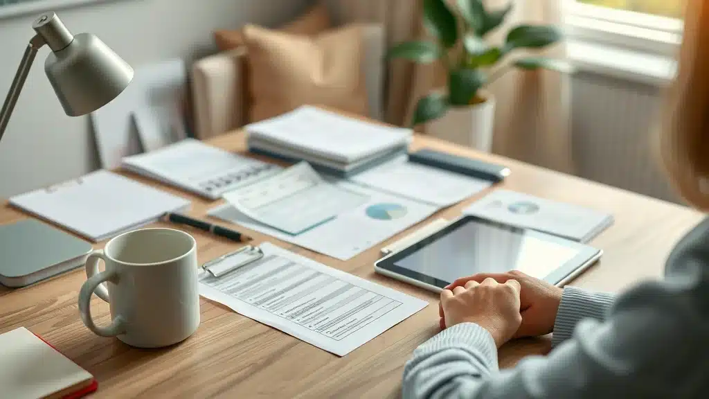 Organized professional workspace with CRPC retirement planning checklists and digital tablet