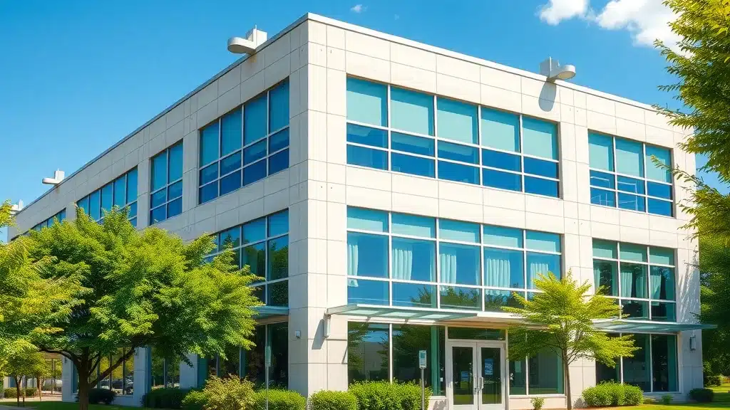 Bright modern office building exterior in Virginia summer with commercial HVAC energy trends