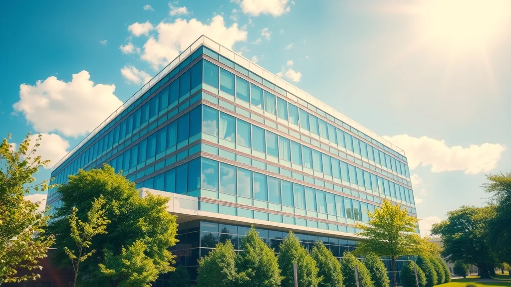 Commercial HVAC summer preparation: Bright modern commercial office under intense summer sunlight in Virginia with heat shimmer and greenery