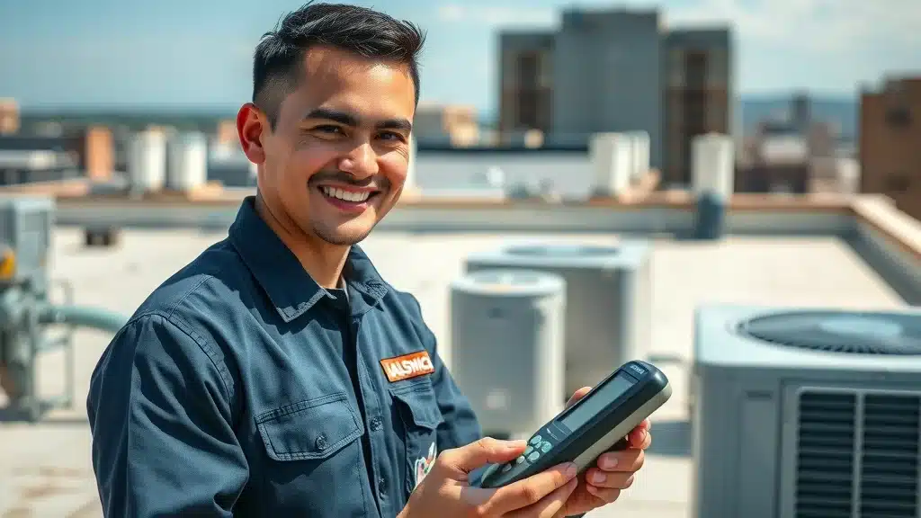 HVAC technician smiling and holding a diagnostic tool on a rooftop with air conditioning units, emphasizing professional HVAC maintenance for Virginia businesses.
