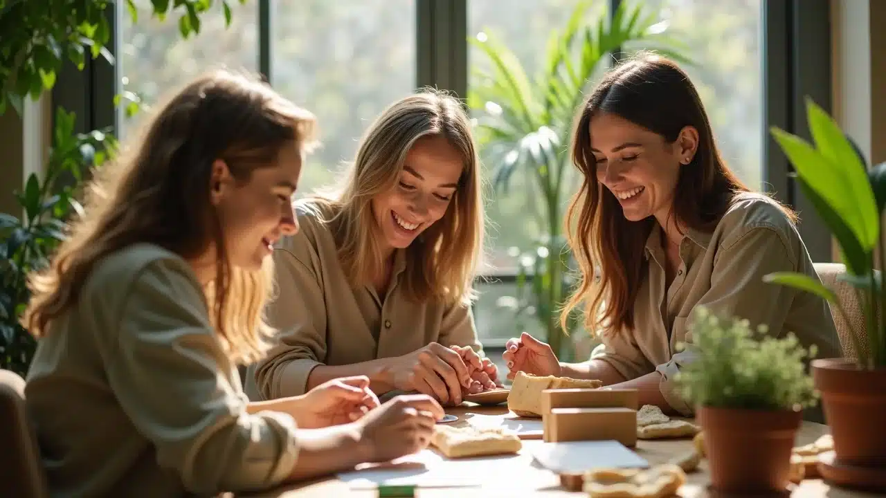 Designers analyzing sustainable packaging samples in a bright studio, showcasing trends in sustainable packaging and practices
