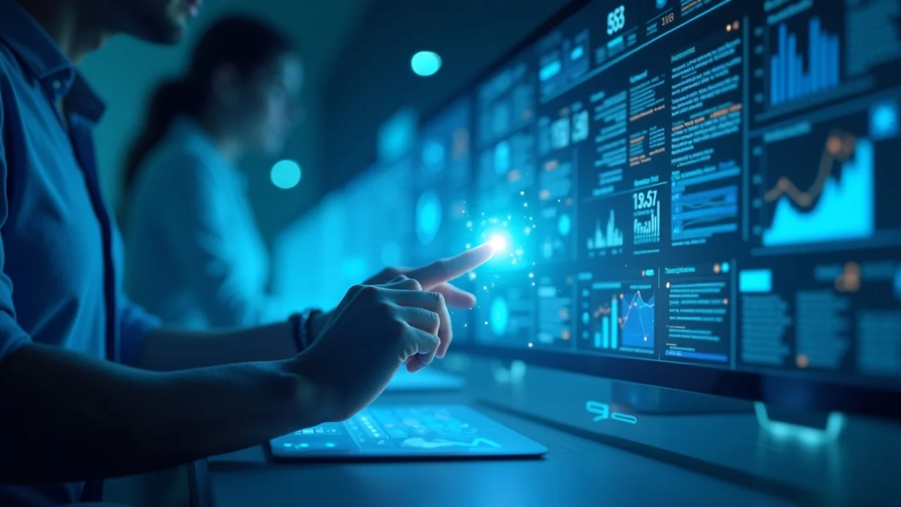 Analyst reviewing AI business citation data with holographic charts showcasing AI business discovery metrics