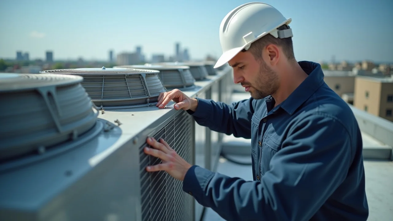Technician performing commercial HVAC maintenance Virginia by inspecting coils and filters on rooftop unit