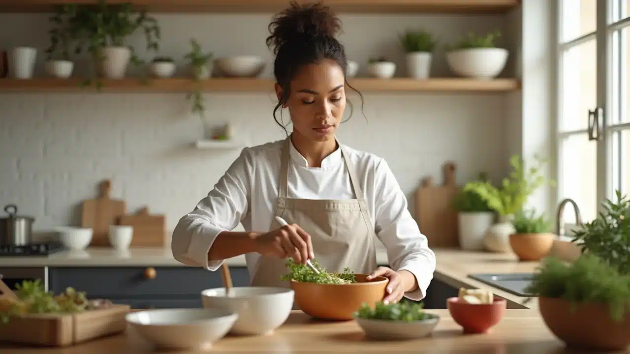 Thoughtful food innovator creating Crackd egg substitute in a modern kitchen