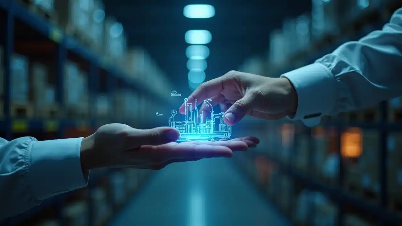 Futuristic smart packaging with digital interfaces in a modern warehouse, demonstrating technological advancements