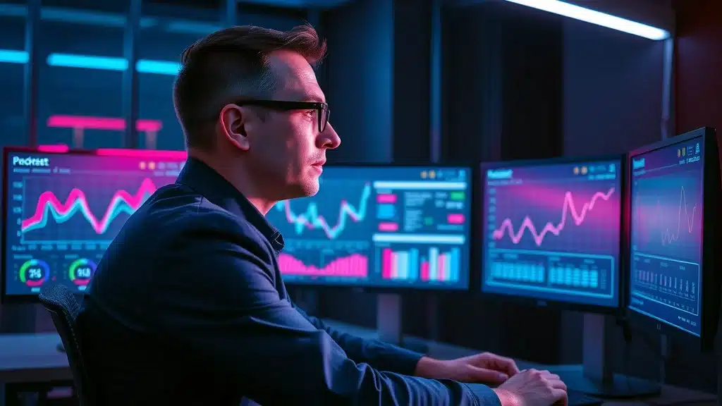 Man analyzing data on multiple monitors in a dark, high-tech environment, illustrating the importance of structured authority and credibility in an AI-driven digital landscape.